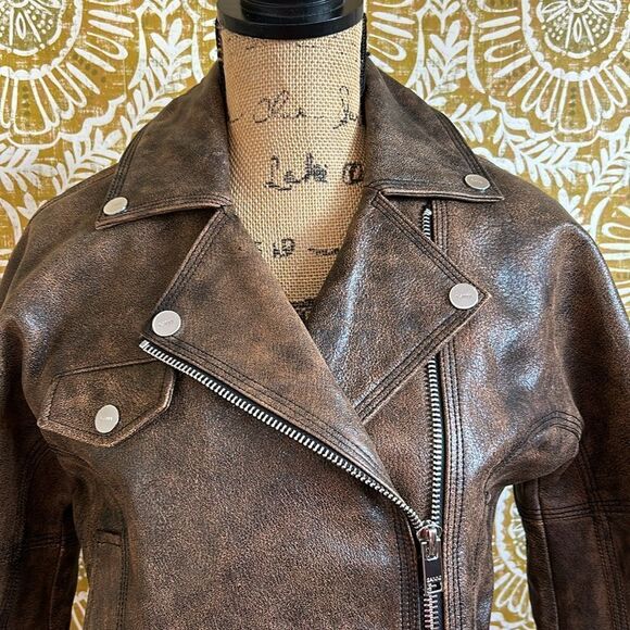 GANNI Washed Perfecto Brown Leather Cropped Biker Jacket size 36 US S Sold Out - Picture 7 of 16